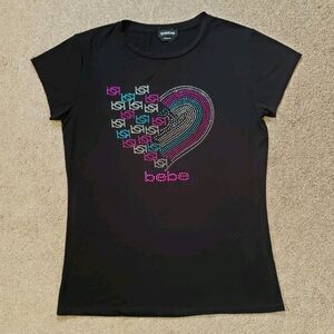 Bebe Women's Top Rhinestones Logo Heart Stretchy Black Size Large